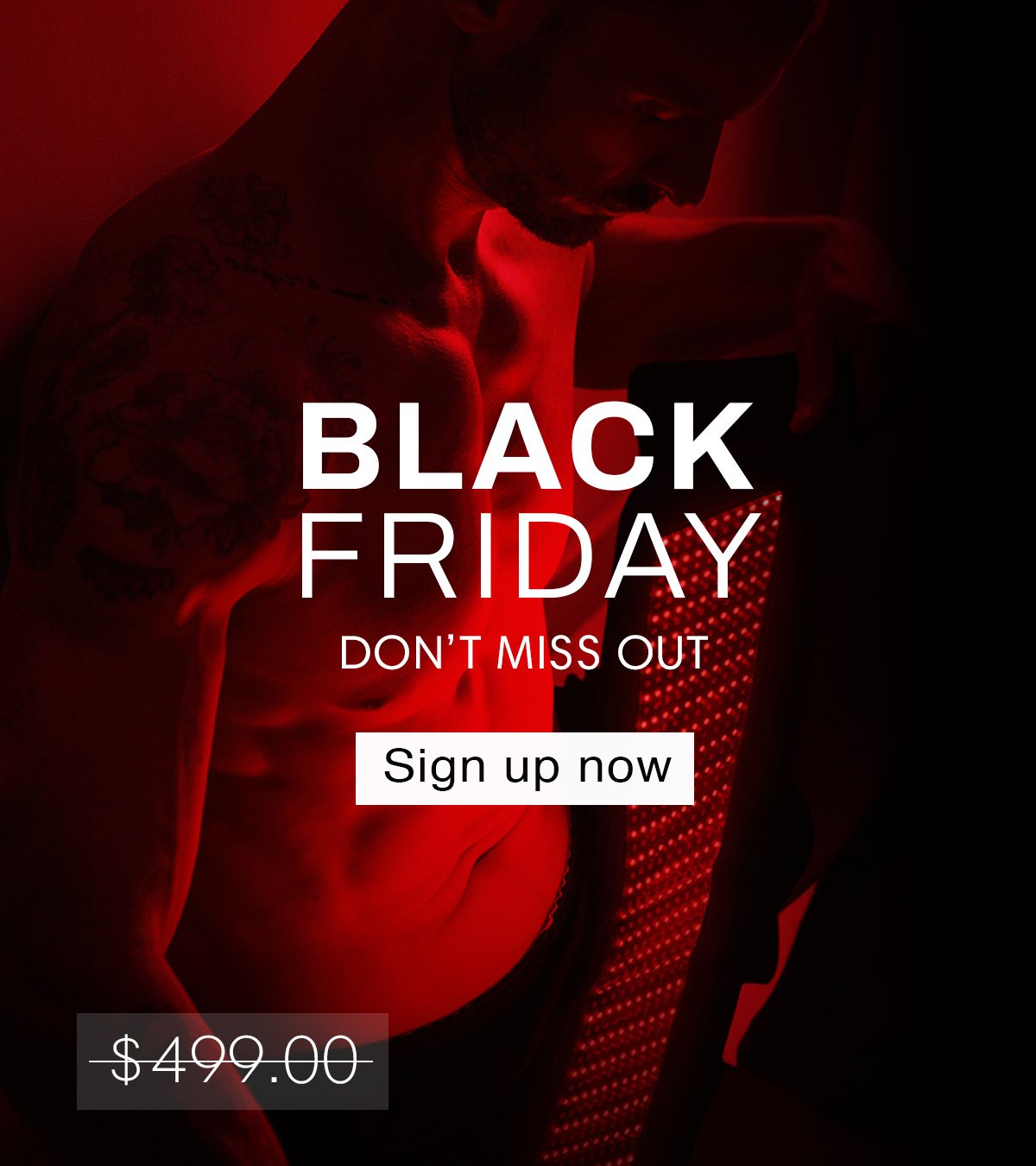 Promotional Nushape Black Friday creative featuring a man using the red light wrap.